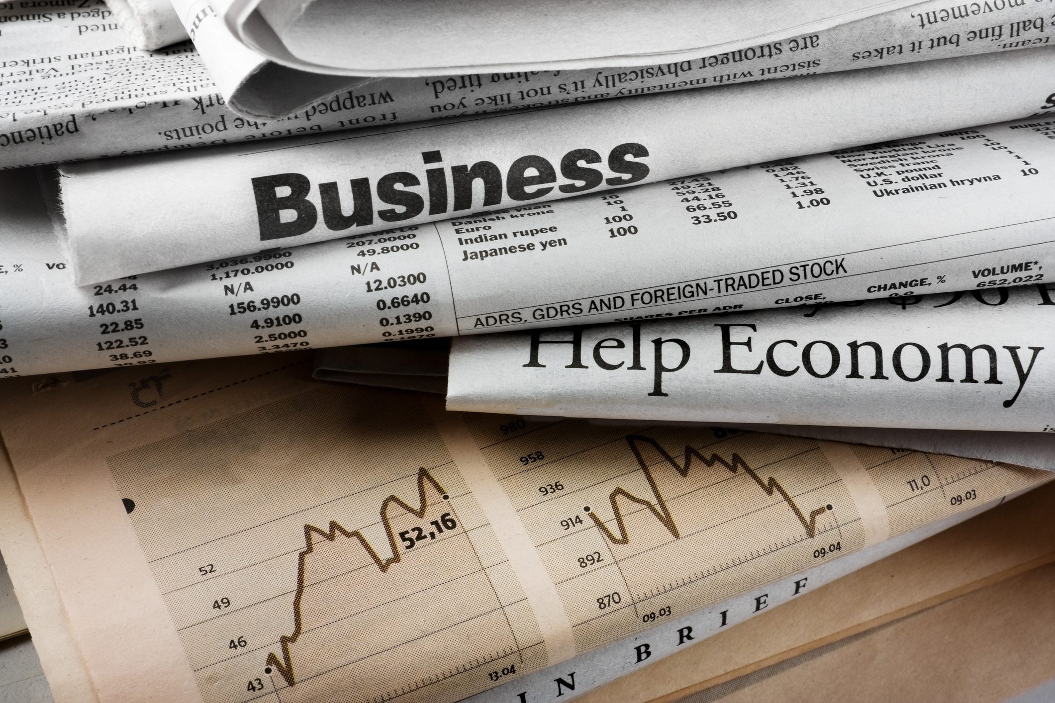 Newspapers discussing the economic topics such as soft landings and stock prices