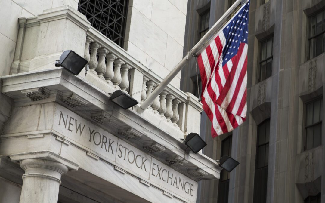 New York Stock Exchange Building Exterior with American Flag Hanging