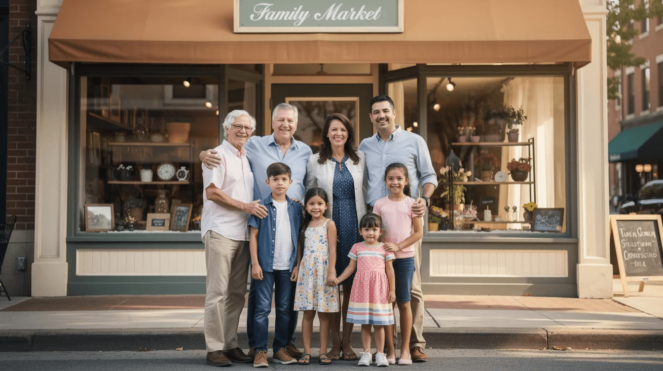 A multi-generational family stands proudly together outside their small business storefront, symbolizing the importance of family business ownership and the potential for transferring ownership to the next generation. The scene reflects their commitment to maintaining the company's future and navigating the complexities of estate planning and tax implications.
