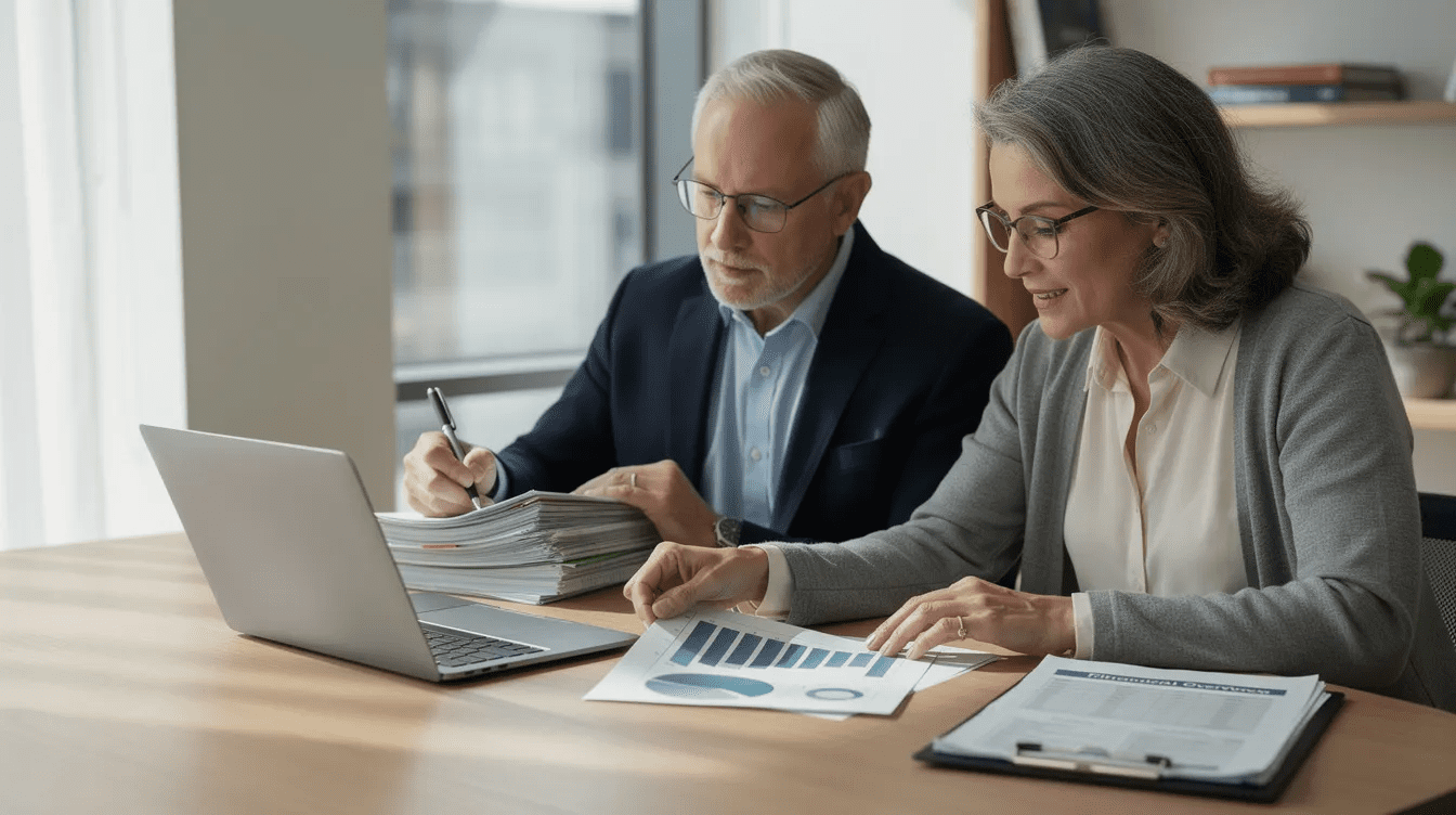 A professional couple in their 60s is seated at a desk, reviewing financial documents, including their recent federal tax return, which may impact their Medicare premiums and potential income-related monthly adjustments. They appear focused and engaged, discussing the implications of their modified adjusted gross income on their healthcare costs and benefits.