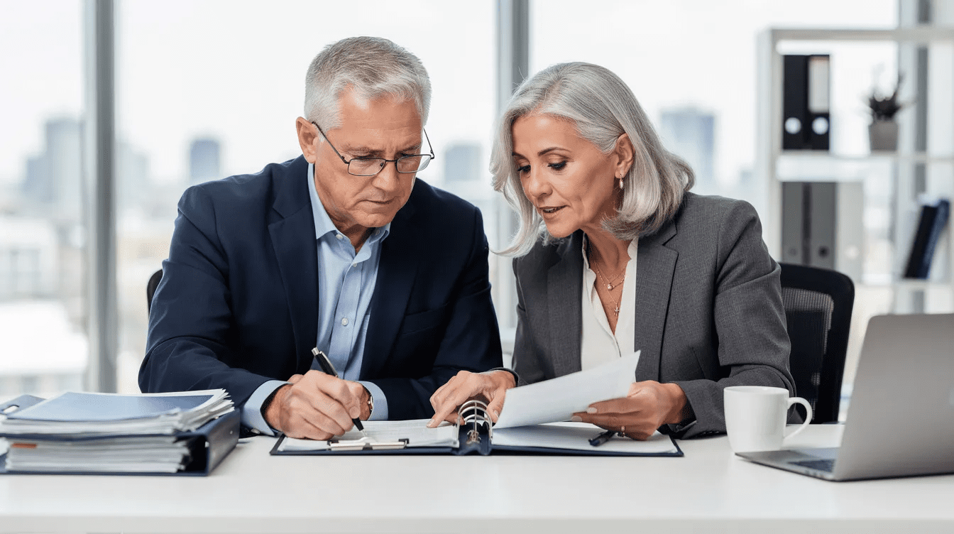 An older professional couple is seated at a desk, thoughtfully reviewing paperwork together. They appear engaged in discussions about their financial strategies, likely considering tax benefits and investment options such as retirement accounts and tax deferred investments for high income earners.