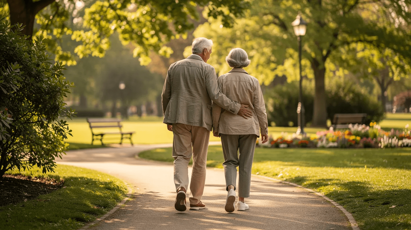 A retired couple strolls hand in hand through a serene park, surrounded by lush greenery and blooming flowers, enjoying their time together in nature. Their relaxed demeanor reflects the joys of retirement, a time when they may also be considering aspects of their healthcare, such as Medicare premiums and the impact of modified adjusted gross income on their medical insurance costs.