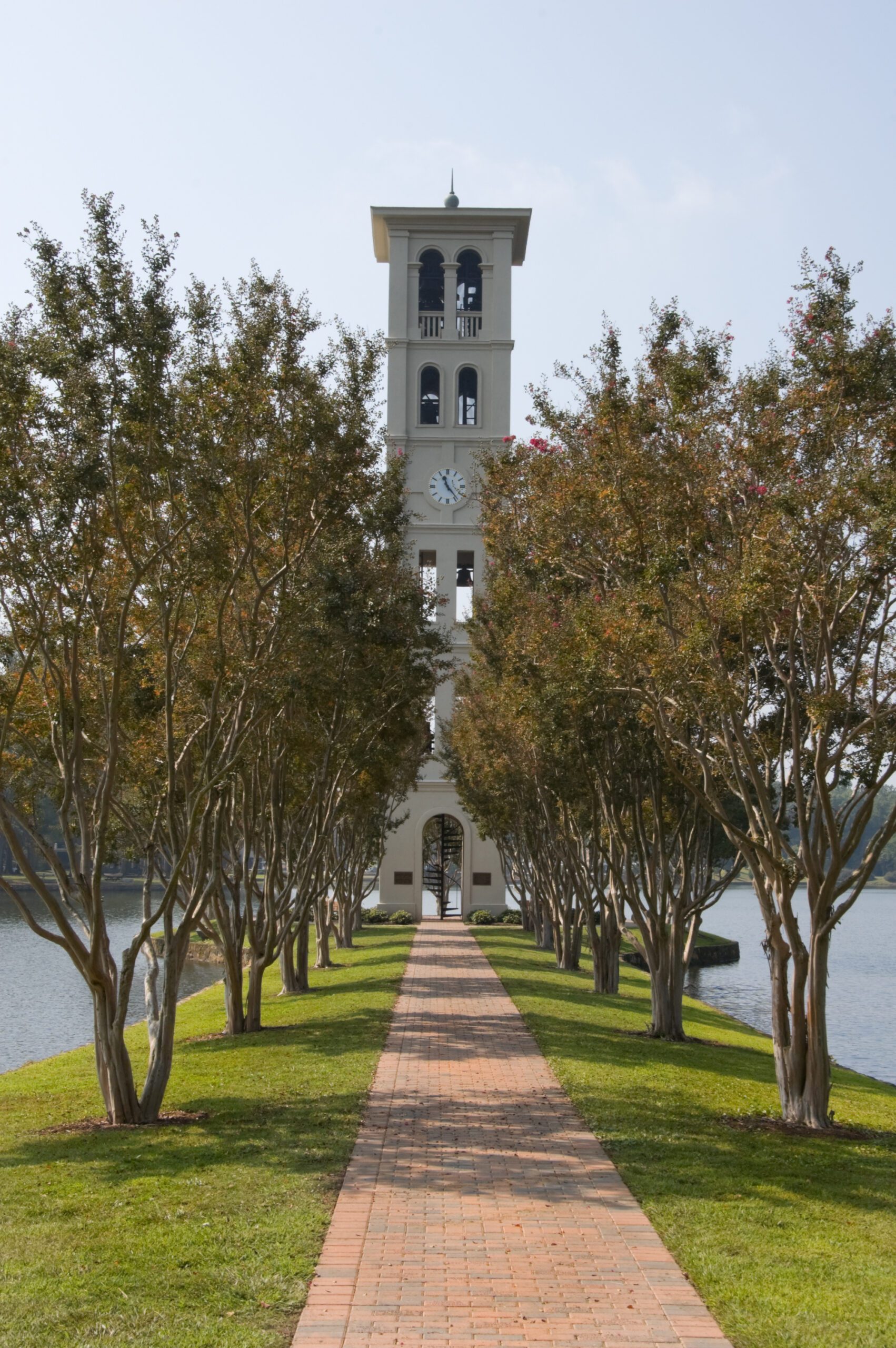 Bell tower carillon with long brick walkway leading up, Furman College, Greenville, South Carolina, SC, USA.